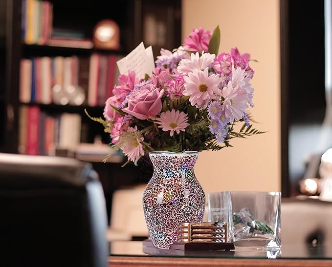 8" H Red Mosaic Glass Vase,Decor Home Modern Midsize Mosaic Flower Vase for Bedroom Livingroom Kitchen Office Wedding,Unique Gift