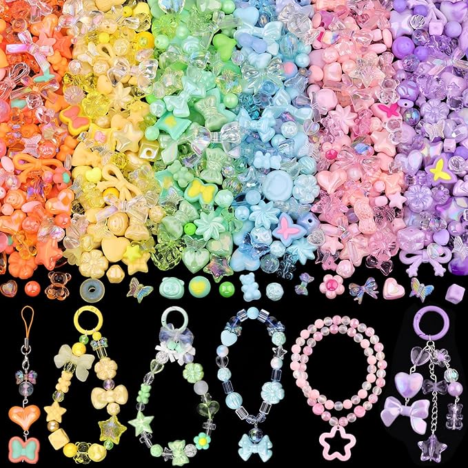 Assorted Acrylic Beads, 400-450PCS 6 Mixed Colors Cute Beads for Bracelet Making, Flower GummyBear Bow Kawaii Charms for Jewelry Making DIY Necklace Keychain Phone Charm Christmas Gift