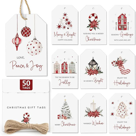 AUDREE 50 Pcs Christmas Gift Tags with String - Elegant Red & White Holiday Tags - Christmas Name Tags for Gifts - Hanging Labels Decoration Xmas Winter Holiday Present DIY Crafts