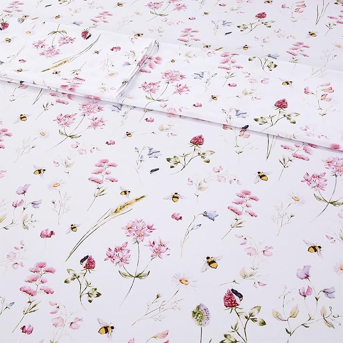 RYNGHIPY Shabby Floral Bees Print Bedding Sheets with Pillowcases, Breathable Egyptian Cotton Bed Sheet Set (Bee,Queen Size)