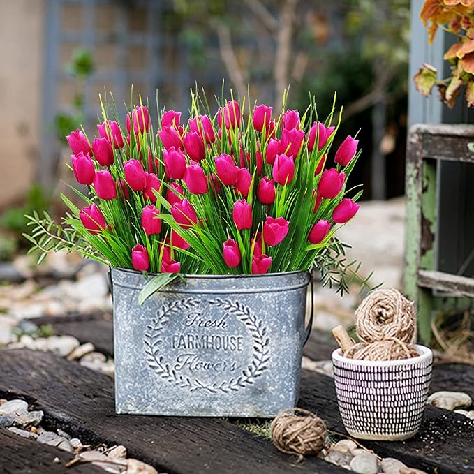 8 Bundles Outdoor Artificial Tulips Fake Flowers UV Resistant Faux Plastic Greenery Shrubs Plants for Home Outside Garden Porch Window Farmhouse Decor (Rose Red)