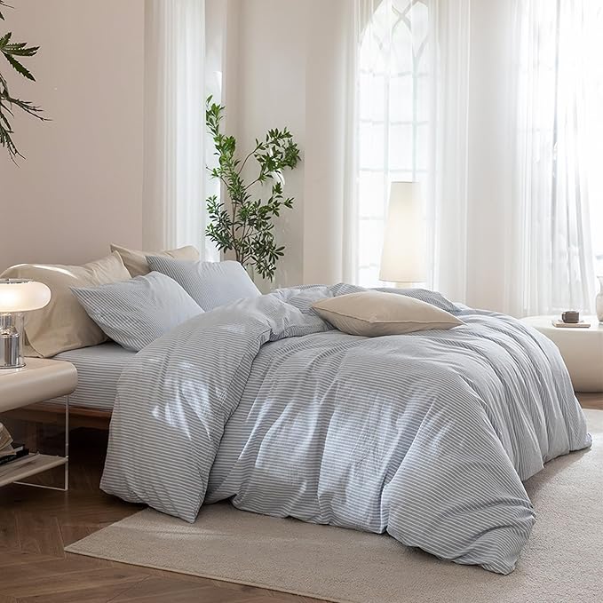 JIYUAN 100% Washed Cotton Striped Duvet Cover Set 3 Pieces King, 1 Duvet Cover and 2 Pillowcases(Comforter Not Included),Linen Like Comfy and Breathable,Pinstripes - Heathered Cornflower Blue White