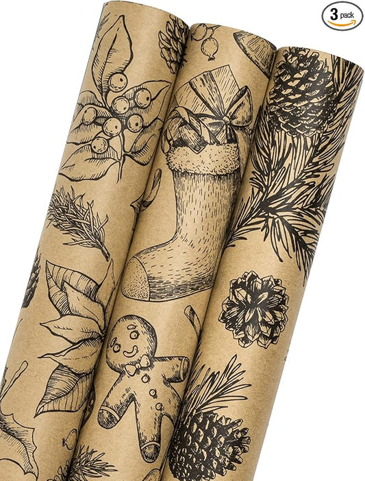 MAYPLUSS Kraft Christmas Wrapping Paper Roll - 3 Mini Roll -17in x120in Per roll,Kraft Vintage Wrapping Paper,Rustic Print for Party,Birthday,Baby Shower,Natural Paper Roll Design (42.3 sqft)