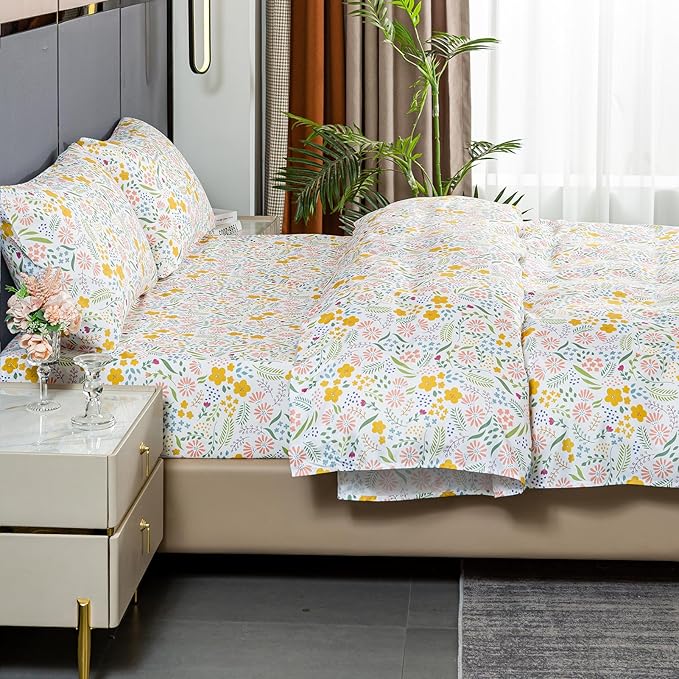 Bedlifes King Sheet Set Ultra Soft, Breathable, Silky Flower Deep Pocket 100% Microfiber Bedding, 4 Piece King Size Floral
