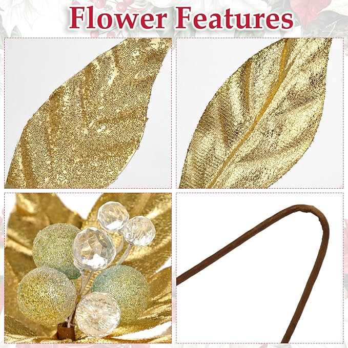 DILATATA 3 Pcs Artificial Christmas Flowers 13 Inch Glitter Poinsettia Picks Christmas Tree Ornaments Topper Decorations Gold Poinsettias Flowers for Xmas New Year Wreath Garland Wedding Home Decor