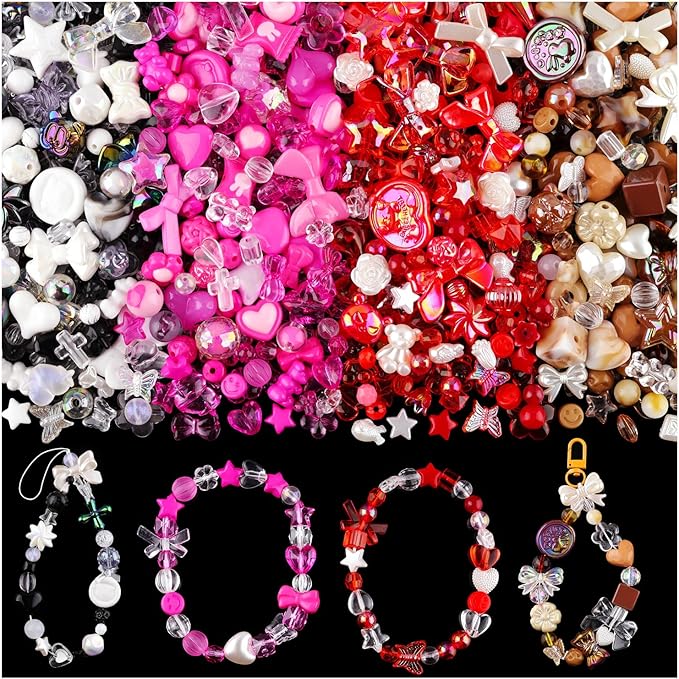 Assorted 210-270PCS Acrylic Beads for Bracelet Making, Bow Candy Heart Gummy Bear Kawaii Bracelet Charms,Cute Beads for Jewelry Making DIY Necklace Keychain Phone Charm Christmas Gift