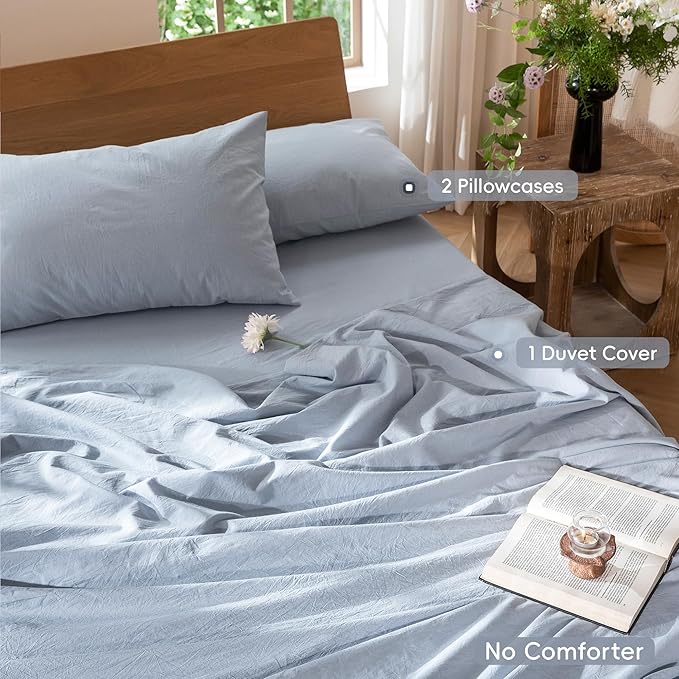 MooMee Bedding Duvet Cover Set 100% Washed Cotton Linen Like Textured Breathable Durable Soft Comfy (Heathered Cornflower Blue, Super King Plus 120"x120")