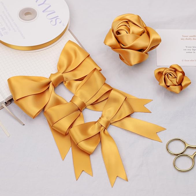 Old Gold Satin Ribbon, Double Faced 7/8 Inch X 25 Yards Old Gold Ribbon, Premium Satin Ribbon for Gift Wrapping, Crafts, Hair Bow Making, Sewing, Flower Bouquet, Wedding Party Decor