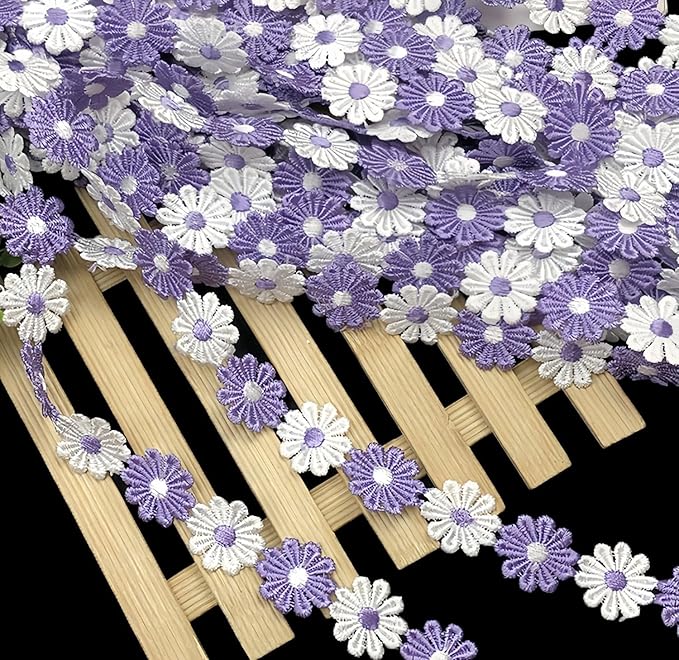 15 Yards Daisy Flower Lace Trim Embroidered Floral Lace Sewing Trim Ribbons for Embellishment Craft Dress Hair Accessories Decorations(White/Lavender)