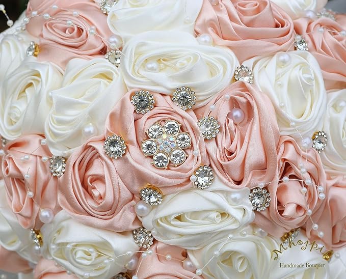 Bridal Wedding Bouquet Round Bling Brooch Bouquet Throw Toss Artificial Rose Flower Bunch for Bride Bridesmaid Wedding Quinceanera(Peach Pink & Ivory, 6.3")