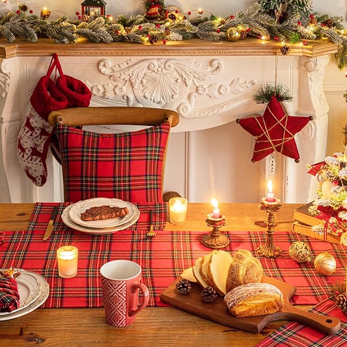 Red Green Plaid Christmas Table Runner, Winter Holiday Table Runners 36 inches Long, Xmas Decorations Indoor Outdoor Farmhouse Home Kitchen Dining Party Decor