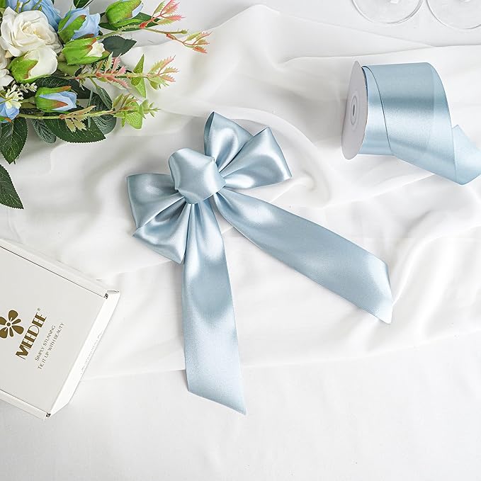 MEEDEE Slate Blue Satin Ribbon 2 inch Slate Blue Ribbon Double Faced Satin Ribbon Dusty Blue Satin Ribbon by 25 Yards Dusty Blue Ribbon for Christmas Tree, Satin Weddings, Flower Bouquet