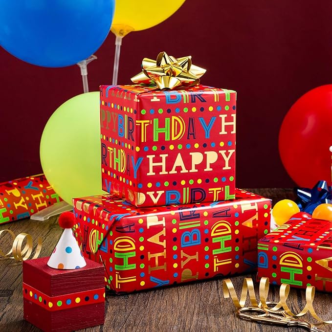 MIMUTI Red Birthday Wrapping Paper - 17 in X 33 ft - Foil Gift Wrap for Kids, Girls, Boys - Colorful Happy Birthday Text Design for Birthdays, Baby Shower, Party