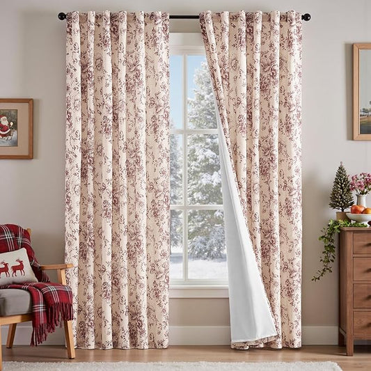 jinchan Lined Linen Blend Curtain Floral Curtains for Living Room 84 Inches Long Christmas Red Peony Flower Printed Curtain Rod Pocket Back Tab Farmhouse Patterned Drapes Curtains Set 2 Panels