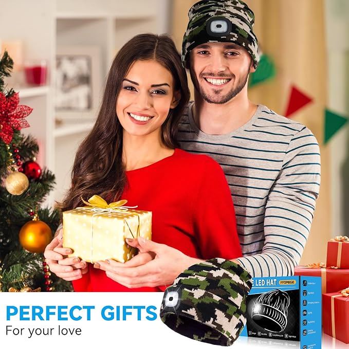 Christmas Stocking Stuffers for Men Adults, Beanie Hats with Light, USB Rechargeable LED Hand Free Headlamp, Birthday Gifts for Men, Women, and Teens, Ideal for Camping, Hiking, Camouflage
