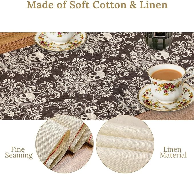 Gothic Table Runner,Damask Skull Victorian Black Floral Boho Table Runner for Home Kitchen Table Dining Garden Farmhouse Wedding Party Decor 13x70 Inch