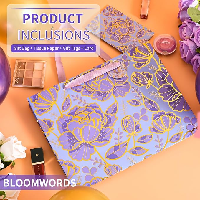 Bloomwords 13" Mother’s Day Gift Bags with Card Tissue(Rose Flower) for women Celebrating Birthdays, Valentine's Day, Weddings, Anniversaries(Purple,2PCS Flower Gift Bag)