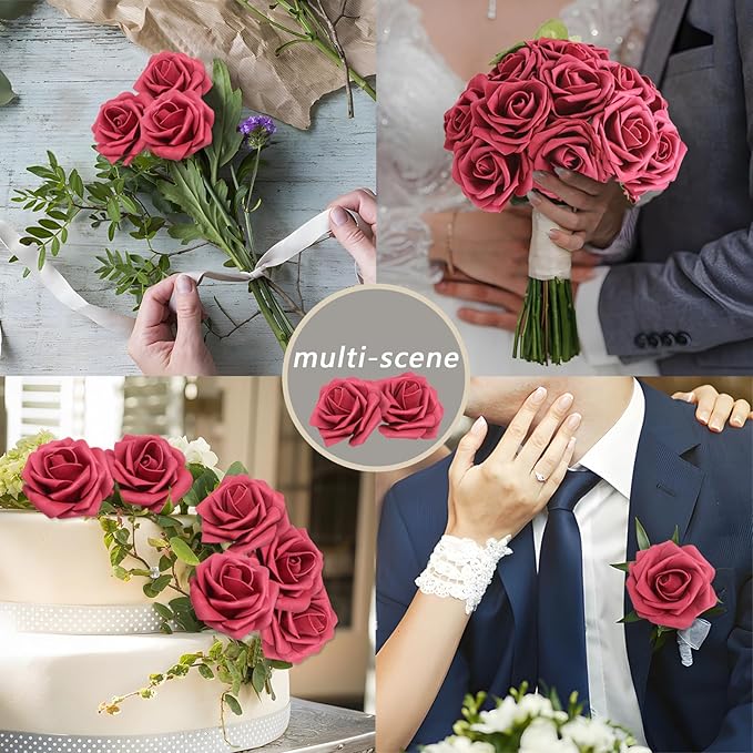 100PCS Burgundy Artificial Flowers Roses Real Looking Foam Fake Roses with Leaves for DIY Wedding Bouquets Bridal Shower Centerpieces Party Decorations (Burgundy, 100)