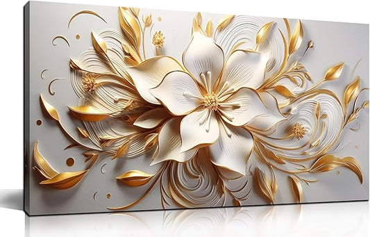 Flower Painting Wall Decor Living Room White and Gold Wall Art for Bedroom Modern Art Wall Decor Office Size 20" x 40"