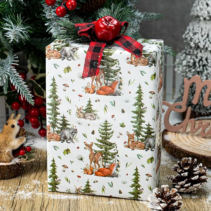 MAYPLUSS Christmas Wrapping Paper Roll - 17 In x 33 Feet - Cute Watercolor Christmas Tree Reindeer Rabbit Squirrel Gift Wrap Paper for New Year, Holiday, Kids