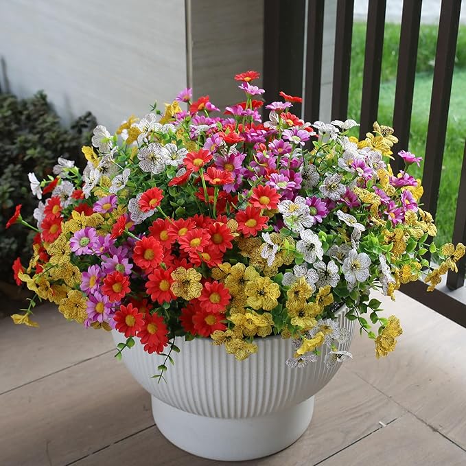 Artificial Outdoor Flowers 12 Bundles Spring Summer Silk Fake Plants Colorful Outside Realistic Wild Flower Plants Vibrant Durable Perfect Front Porch Planter Decoration (Multi Colour 1#)