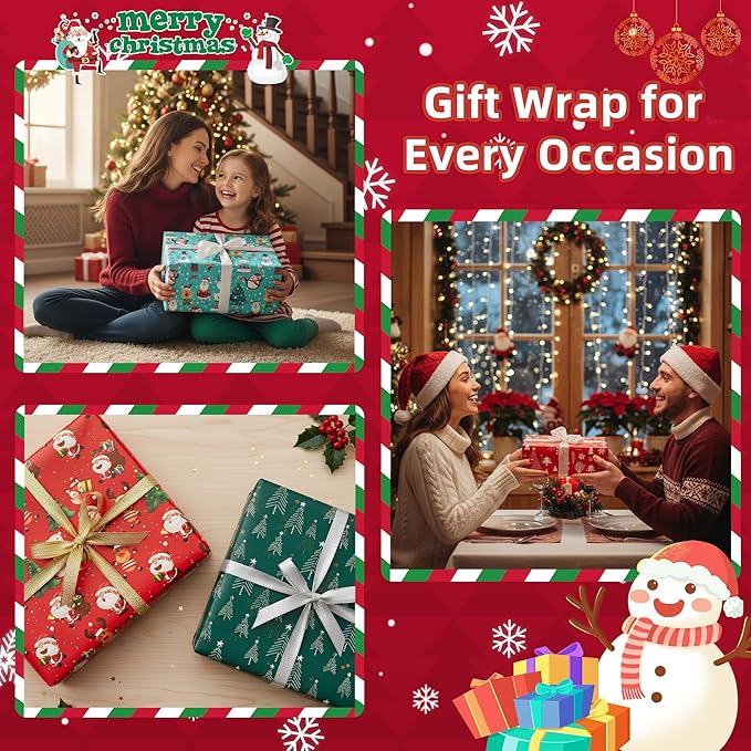 Christmas Wrapping Paper (4 Rolls, 93 sq. ft. ttl): Funny Snowmen, Snowflakes, Reindeer, Bear, Christmas Trees and Santa Claus with Gifts Design for Holiday Gift Wrap- 17 Inches x 16.5 Feet Per Roll