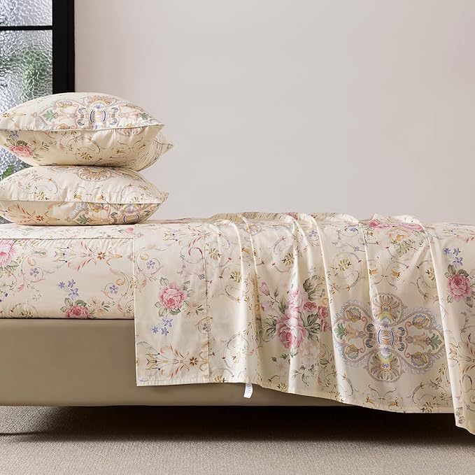 FADFAY 100% Cotton Pink Rose Floral 4-Piece Queen Bed Sheet Set, Soft Breathable Cooling Sheets with Deep Pocket Fitted Sheet, Flat Sheet & Pillowcases, All Season Romantic Vintage Bedding