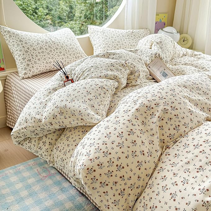 LifeTB 100% Cotton Muslin Duvet Cover King Size Vintage Botanical Floral Duvet Cover Ultra Soft Flower Comforter Cover Lightweight Soft Breathable Gauze Bedding Comforter Cover with 2 Pillowcases