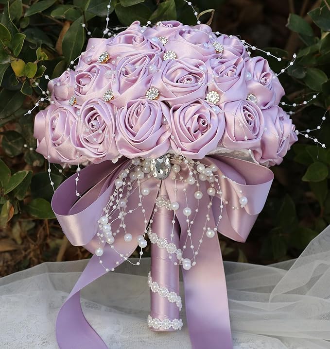 Bridal Wedding Bouquet Round Bling Brooch Bouquet Throw Toss Artificial Rose Flower Bunch for Bride Bridesmaid Wedding Quinceanera(Light Taro Purple, 9.8")