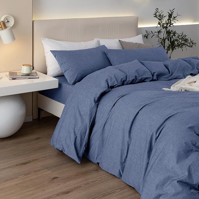 JIYUAN 100% Washed Cotton Duvet Cover Set 3 Pieces Oversized Queen, 1 Duvet Cover 98x98 Inches(Comforter Not Included) and 2 Pillowcases,Linen Like Comfy and Breathable,Heathered Blue