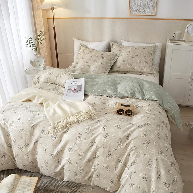 VM VOUGEMARKET Cotton Duvet Cover Set King,Grey Green Flower Duvet Cover Matching 2 Pillow Shams,Aesthetic Garden Style Bedding Set for Girls Women- 104"x90",Grey Green