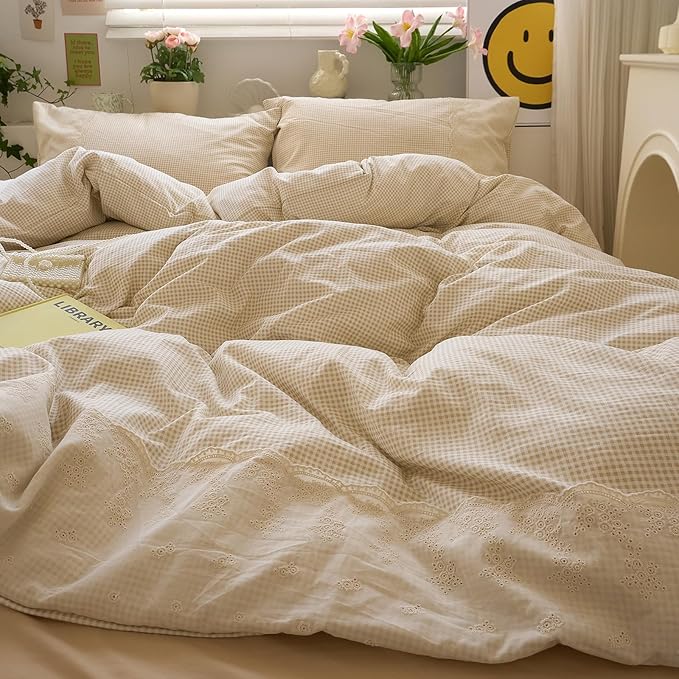LifeTB Tan Gingham Duvet Cover Twin XL 3 Pieces Romantic Lace Duvet Cover Vintage Plaid Checkered Comforter Cover with 2 Pillowcases Soft Microfiber Beige Tan Grid Farmhouse Plaid Bedding Set
