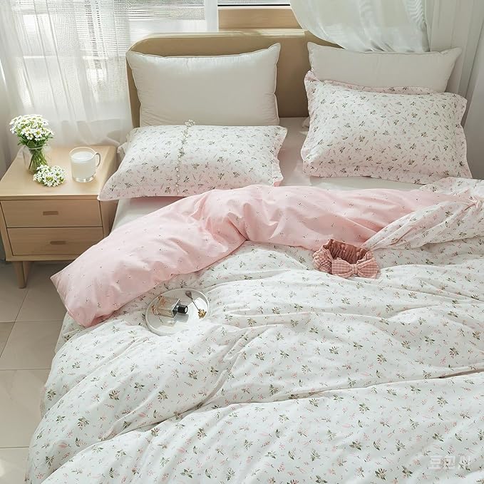 EAVD Vintage Style Garden Floral Duvet Cover King Size 100% Cotton White Pink Botanical Pattern Bedding Set with 2 Pillowcases Boho Fresh Aesthetic Floral Comforter Cover with Zipper Closure