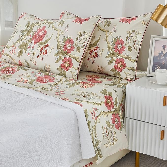 Brandream King Size Sheets Set Floral Bedding Chinoiserie Blossom Farmhouse Luxury Grandmillennial Bedding Collections 100% Egyptian Cotton Deep Pocket, 4 Pieces - Asian Style Botanical Tree Branches