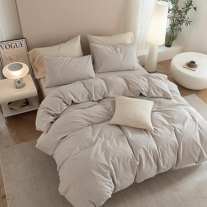 JIYUAN 100% Washed Cotton Striped Duvet Cover Set 3 Pieces Queen, 1 Duvet Cover and 2 Pillowcases(Comforter Not Included),Linen Like Bedding Set Comfy and Breathable,Pinstripes-Heathered Taupe White