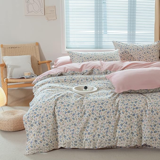 EAVD Botanical Floral Duvet Cover King Soft 100% Cotton Blue Pink Floral Bedding Set with 2 Pillowcases Chic Vintage Style Garden Floral Comforter Set Reversible Solid Pink Duvet Cover Set