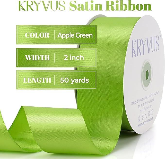 Apple Green Satin Ribbon, Double Faced 2 Inch X 50 Yards Apple Green Ribbon, Premium Satin Ribbon for Gift Wrapping, Crafts, Hair Bow Making, Sewing, Flower Bouquet, Wedding Party Decor