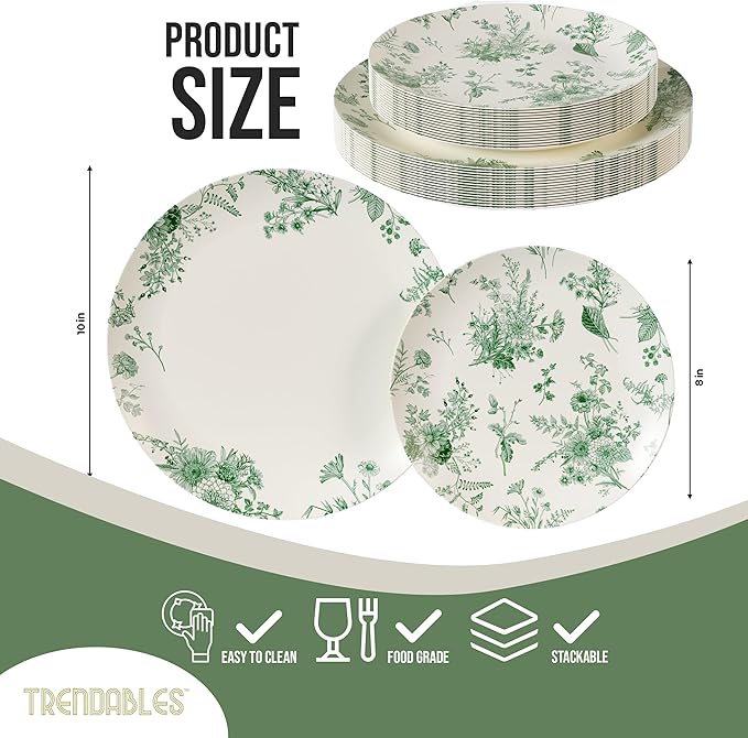 Trendables Plastic Disposable Plates Set I 8 Inch Dessert Plates & 10 Inch Wedding Party Plates | Ivory & Green Verdure Design (40)