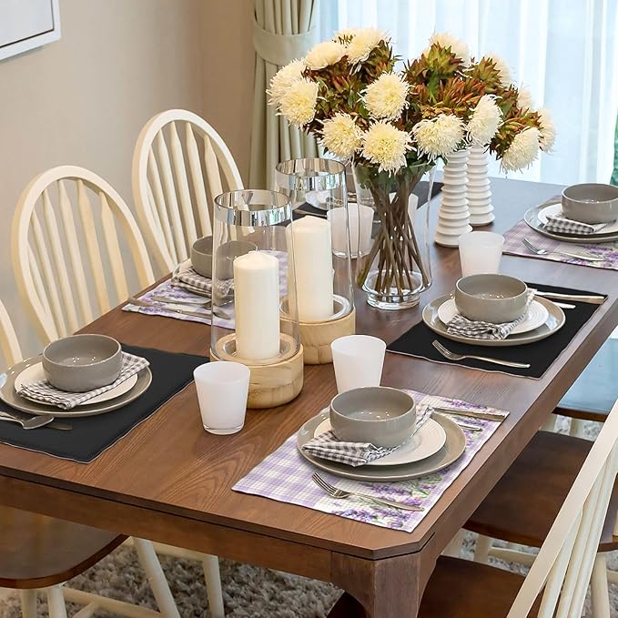 Flowers Leaves Spring Placemats Set of 4,Purple Plaid Background Flower Seasonal Table Mats for Party Kitchen Dining Decoration 4 PCS