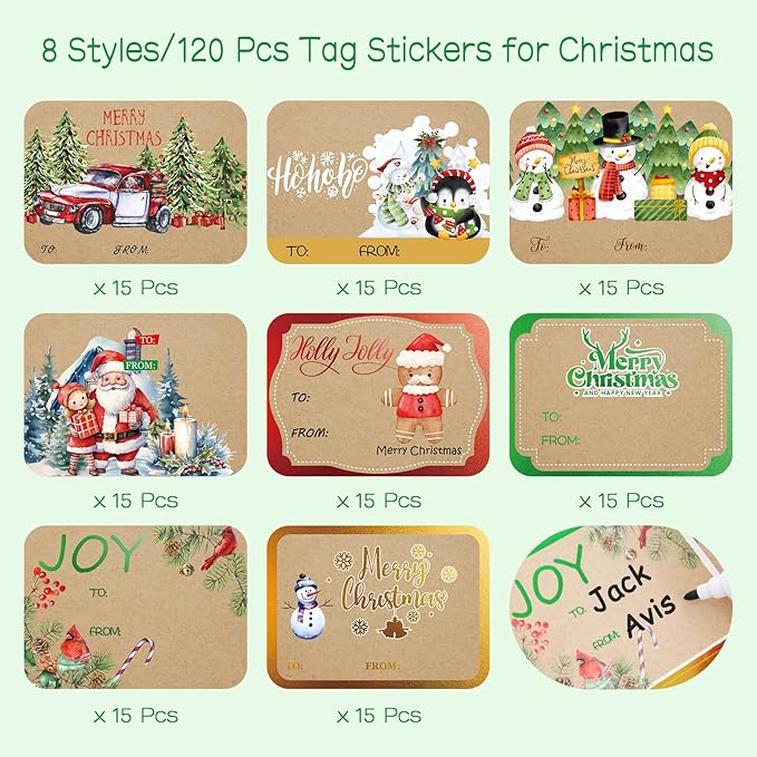 Jumbo Christmas Name Tags Stickers 120 Pack/8 Designs -Gift Tag with Reflective Metallic Foil for Christmas Presents (Vintage Brown)