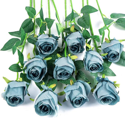 Flojery 10pcs Artificial Rose Flowers Long Stem Fake Silk Roses for DIY Wedding Bouquet Table Centerpiece Home Decor (Blue)