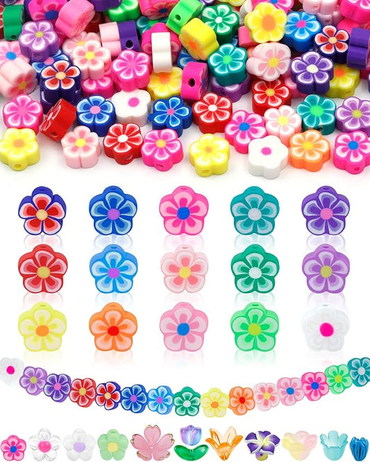 FIVEIZERO 300PCS Polymer Clay Flower Beads, Colorful Hawaiian Floral Bead Charms for Bracelets, Necklaces & DIY Jewelry Making Crafts