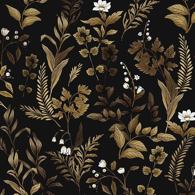 Dark Floral Peel and Stick Wallpaper, Vintage Leaf Pattern Black Gold Self Adhesive Removable Wallpaper for Bedroom Cabinet Kitchen, Vinyl Modern Contact Paper Retro Black Gold 17.5In x 118In