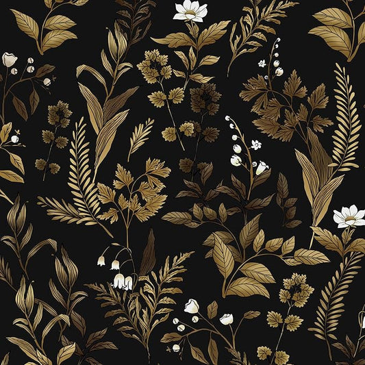 Dark Floral Peel and Stick Wallpaper, Vintage Leaf Pattern Black Gold Self Adhesive Removable Wallpaper for Bedroom Cabinet Kitchen, Vinyl Modern Contact Paper Retro Black Gold 17.5In x 118In