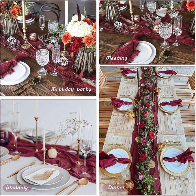 12 Pack 13Ft Cheesecloth Table Runner 35x157 Inch Boho Gauze Rustic Long Table Runner for Wedding Bridal Shower Birthday Party Table Decor (Burgundy)