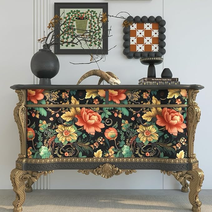 Vintage Floral Peel and Stick Wallpaper Vibrant Flower Contact Paper Boho Wallpaper for Bedroom Bathroom Shelf Liner Removable Black 17.5 x 78.5In