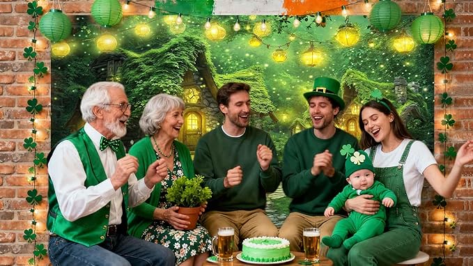 5X3ft St. Patrick's Day Backdrop Magic Enchanted Forest Green House Lucky Irish Shamrock Gold Coins Wonderland Photography Background for Kids Girls Party Decoration Cake Table Photo Booth Props