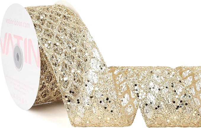 VATIN 2-1/2" Champagne Christmas Ribbon, Gold Glitter Mesh Diamond Web Sequin Dots Wired Christmas Ribbon for Gift Wrapping Bow Making Wreath Supply-10 Yards
