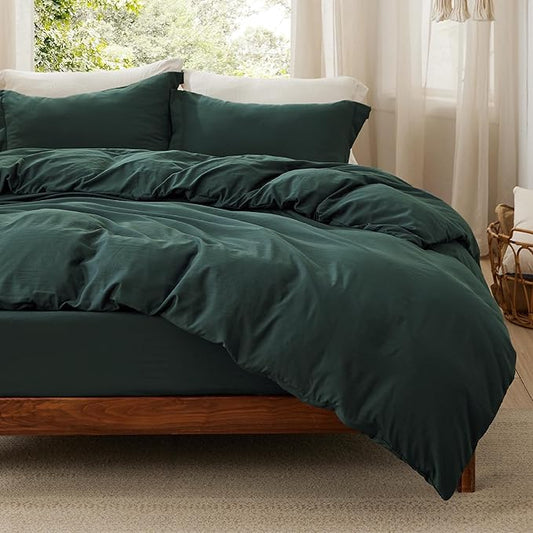 Bedsure Duvet Cover Full Size with Fitted Sheet - 4 Pieces Prewashed Cotton-Like Extra Soft Bedding Set, Includes 1 Duvet Cover 80x90 Inches, 2 Pillow Shams, 1 Fitted Sheet, Forest Green