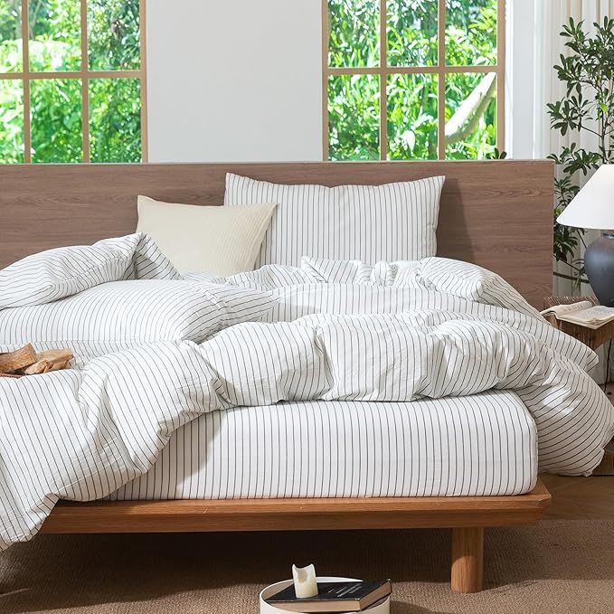 MooMee Striped Duvet Cover Set 100% Washed Cotton Linen Like Textured Breathable Durable Soft Comfy (White Heathered Green Wide Stripes, Alaska King 132"x120")